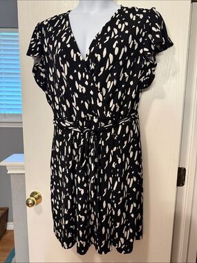 Nine West Black and White Faux-Wrap Mini Dress